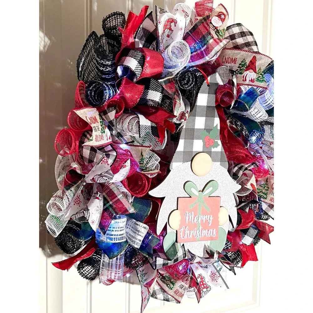 Handmade Merry Christmas Gnome Holiday Ribbon Door Wreath 22 ins W47